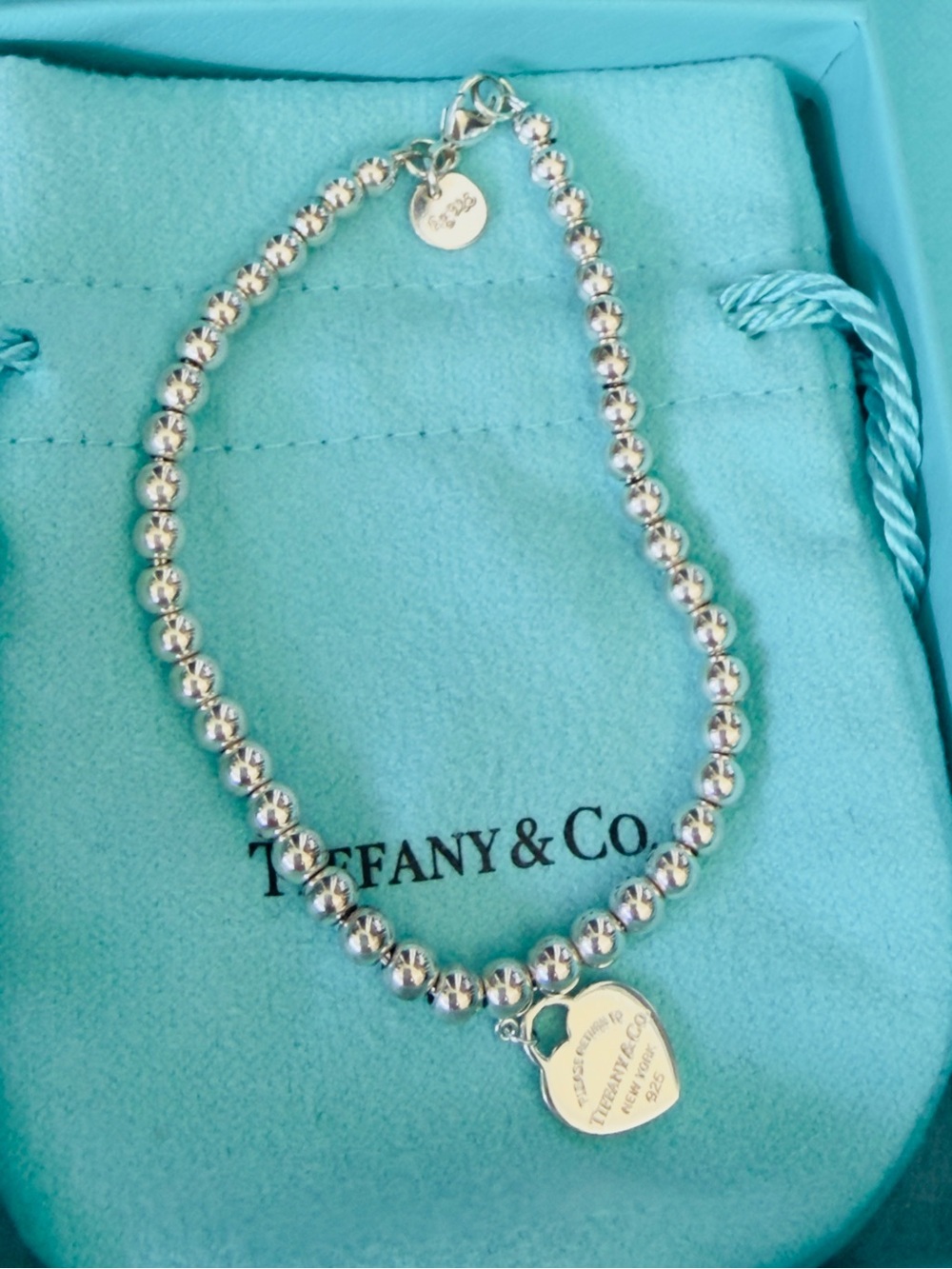 Tiffany & Co. Sterling Silver 925 Heart Tag Bead  Bracelet 6.9 Inches